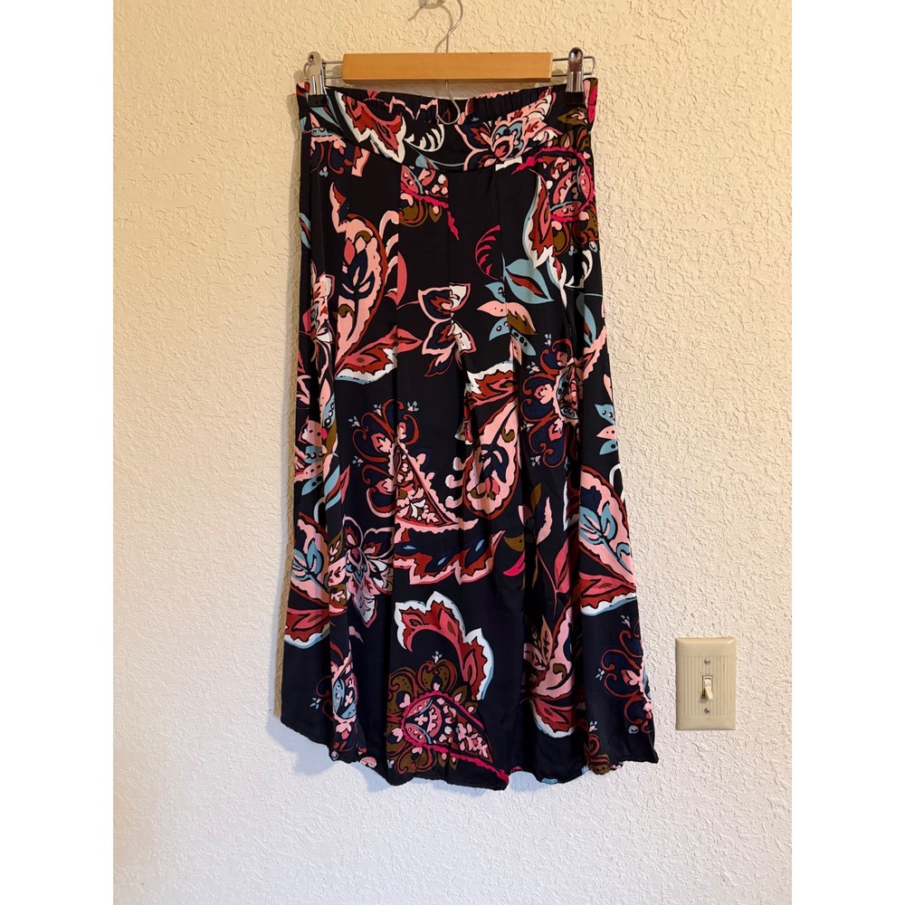 T Tahari Navy Blue Paisley‎ Midi Skirt Small Elastic Waist Viscose Romantic Boho